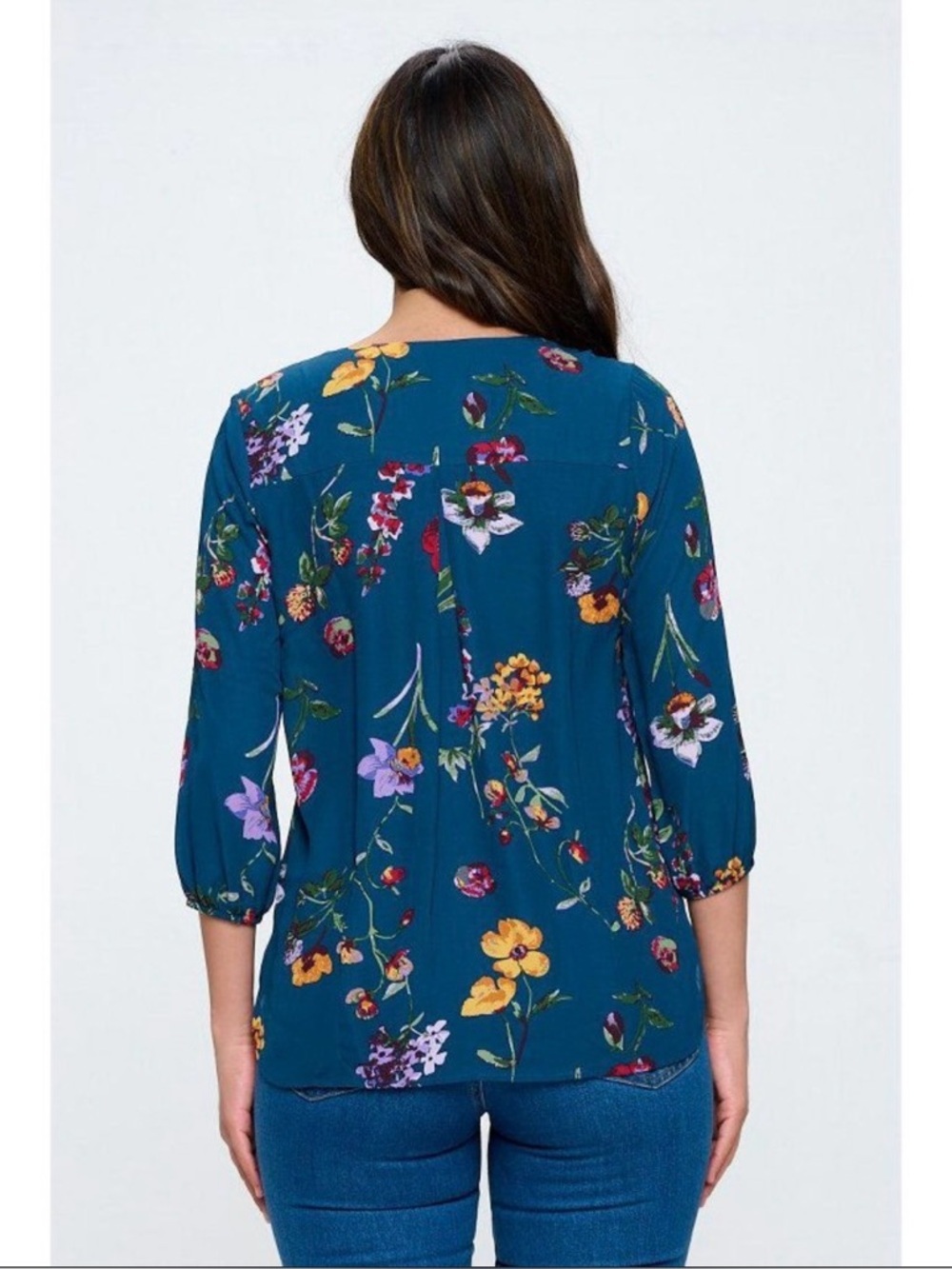 West Kei - Multicolor floral V-neck 3/4 sleeve blouse woman's size M - Picture 3 of 8